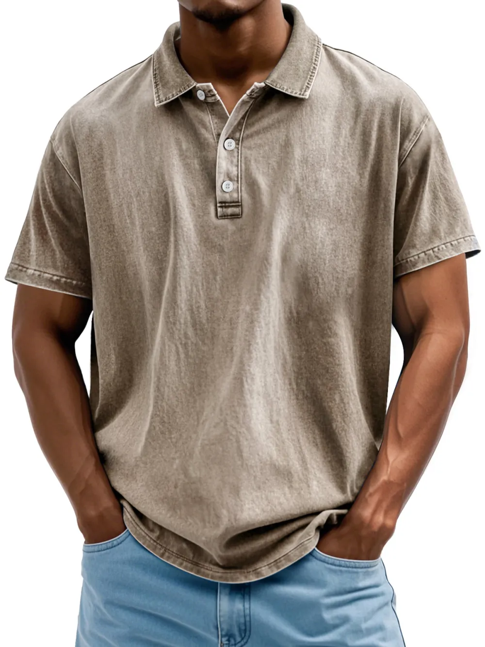 Men's Vintage Washed And Distressed Pure Cotton Lapel Short-sleeved Polo Shirt