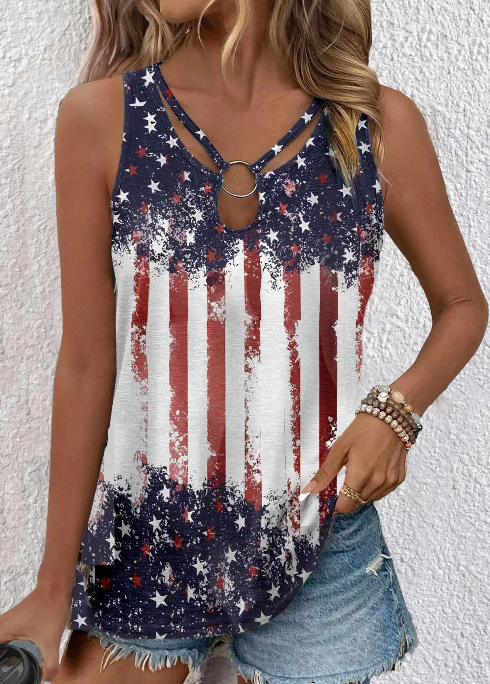 American Flag Multi Color Sleeveless Cut Out Tank Top