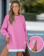 Long Sleeve Pullover Sweatshirt Zipper Slit Casual Dress
