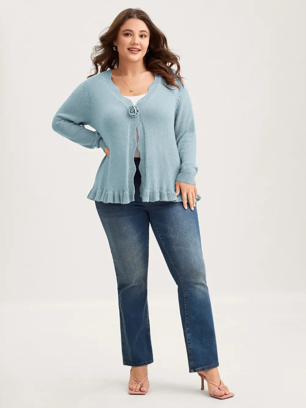 Supersoft Textured Floral Button Ruffled Hem Knit Cardigan