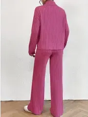 Two-Piece Outfit Set - Soft Solid Ribbed Fabric, Flattering Mock Neck T-shirt, Flowy Wide Leg Pants for Casual Everyday Wear