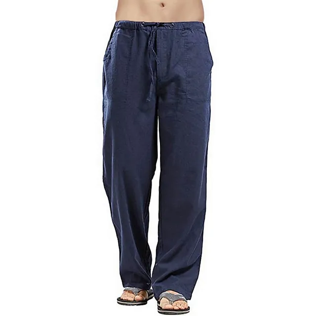 Men's Linen Pants Trousers Summer Pants Beach Pants Pocket Drawstring Elastic Waistband Plain Comfort Breathable Full Length Daily Streetwear Linen / Cotton Blend Fashion Casual / Sporty Loose Fit