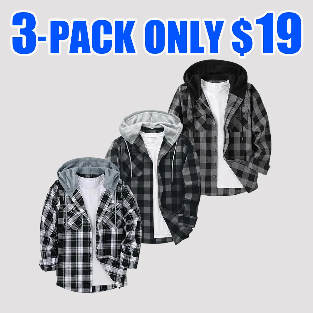 Men’s 3-Pack Flannel Hoodie Shirts – Plaid Button-Down Jackets with Hood & Pockets