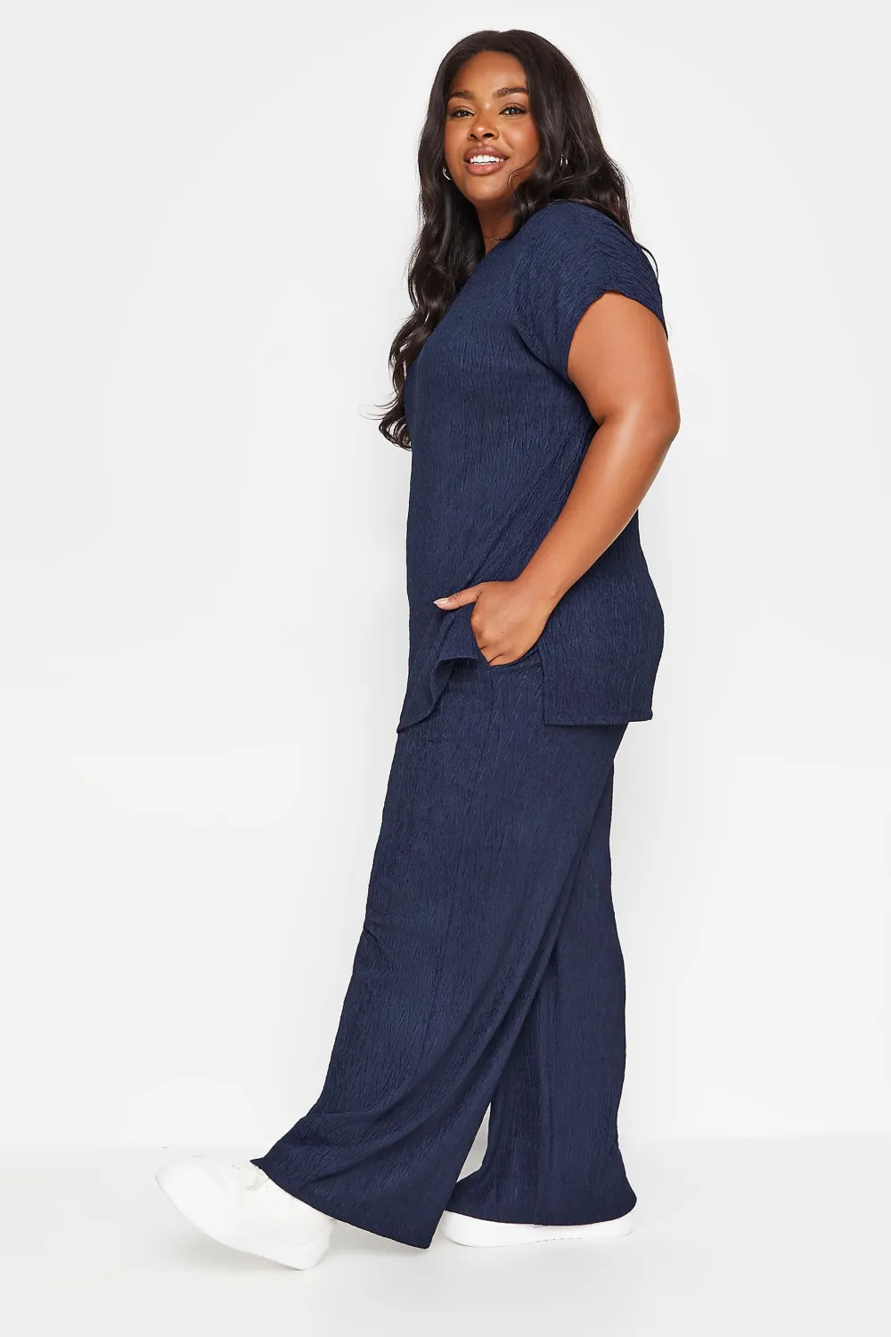 YOURS Curve Pink Crinkle Plisse Wide Leg Trousers