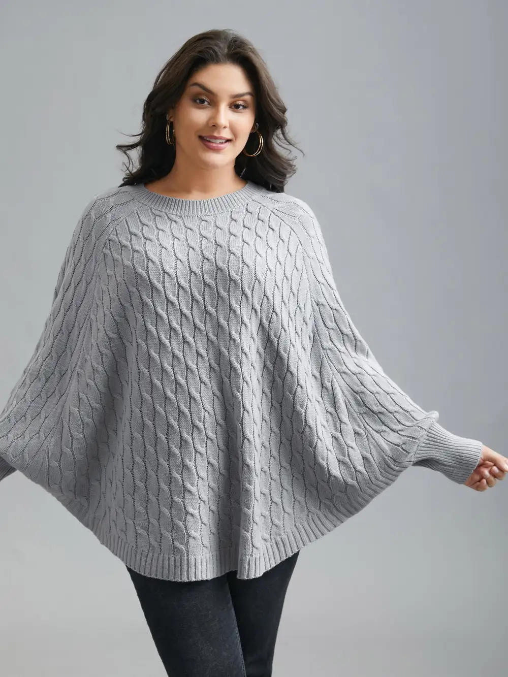 Cable Knit Dolman Sleeve Curved Hem Pullover