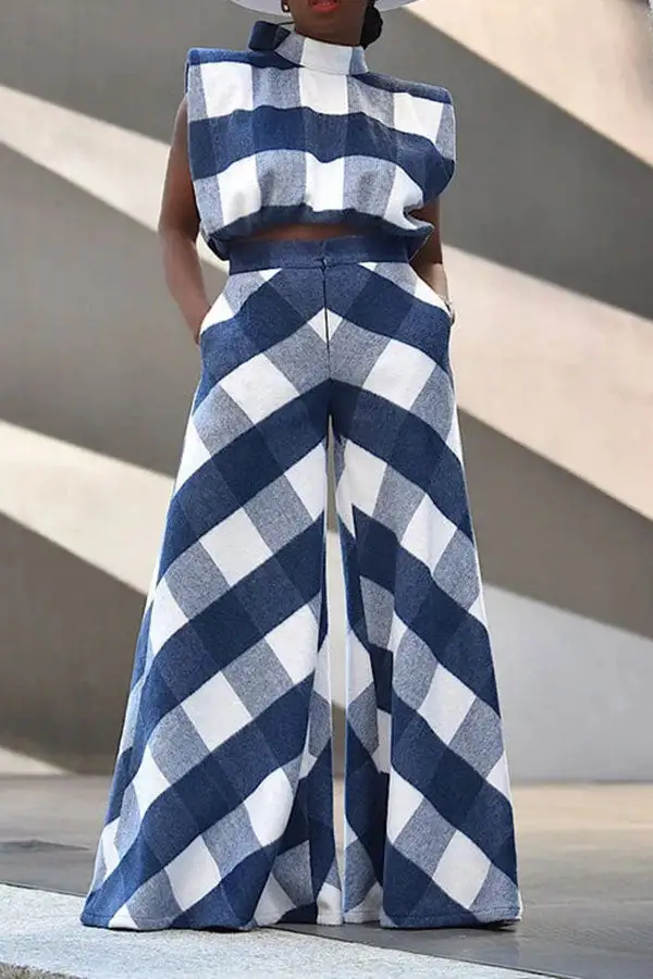 Checked Unusual Bow Tie Wide Leg Pant Suit