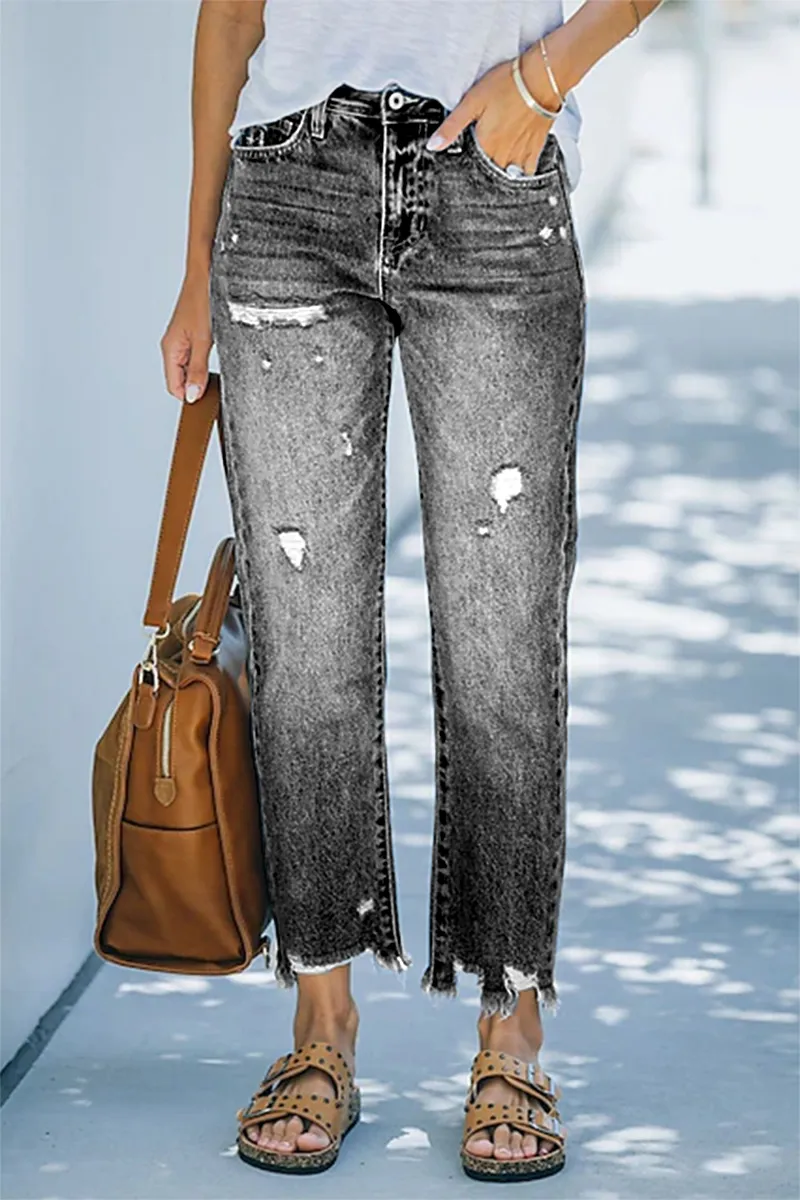 Ripped Raw Hem Zip Fly Jeans