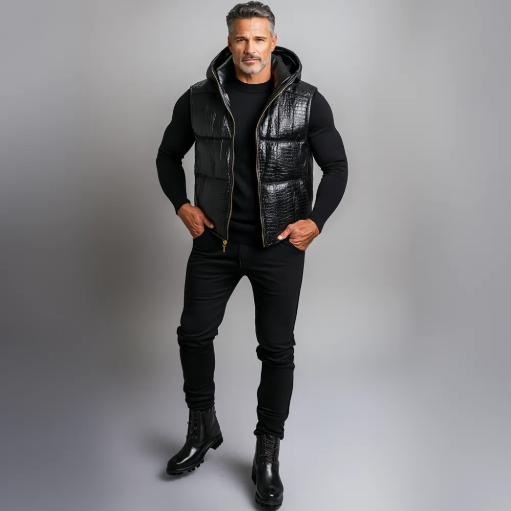 Men's PU Leather Crocodile Pattern Zipper Hooded Vest