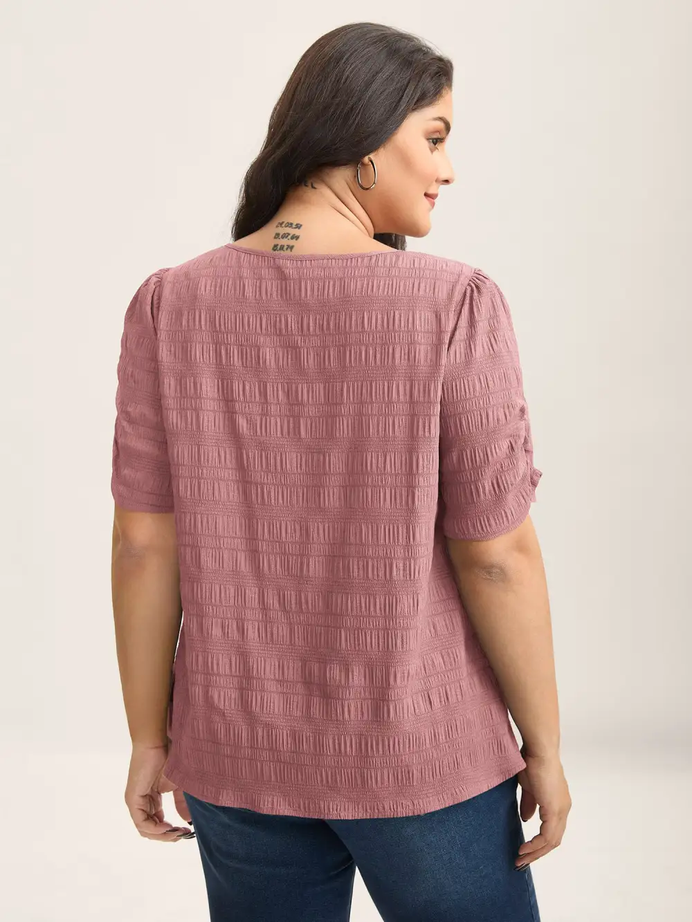 Textured Gathered Sleeve Split Neck Blouse
