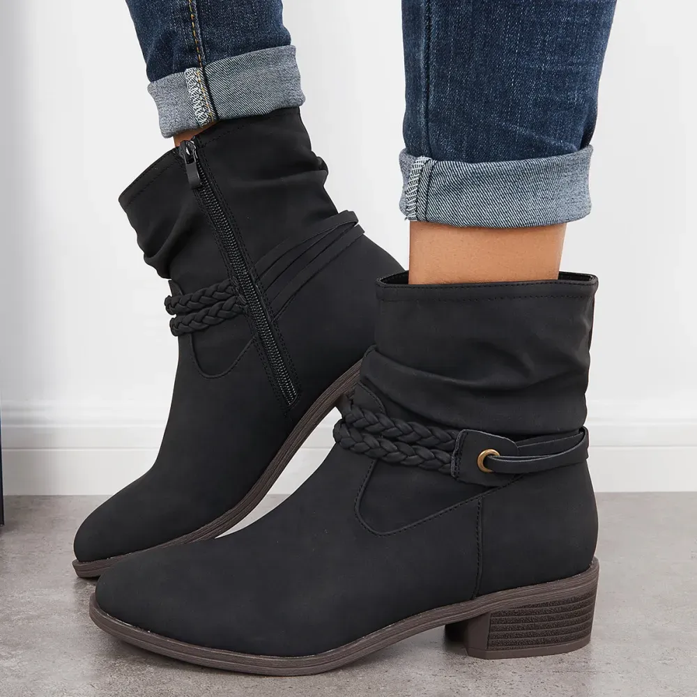 Slouchy Ankle Boots Braided Strap Chunky Block Heel Booties