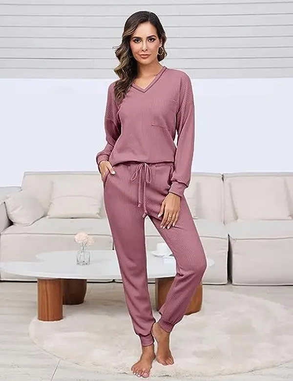 Women's Waffle Knit Lounge Set – Long Sleeve Pullover & Jogger Sweatpants