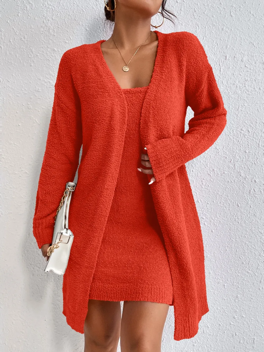 Solid Cami Sweater Dress & Drop Shoulder Cardigan