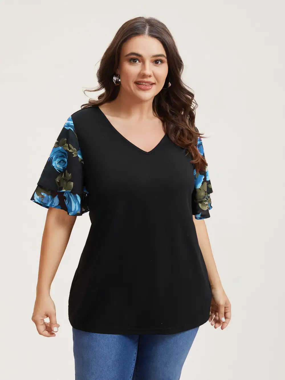 Stretchy Floral Lotus Sleeve V-Neck T-Shirt
