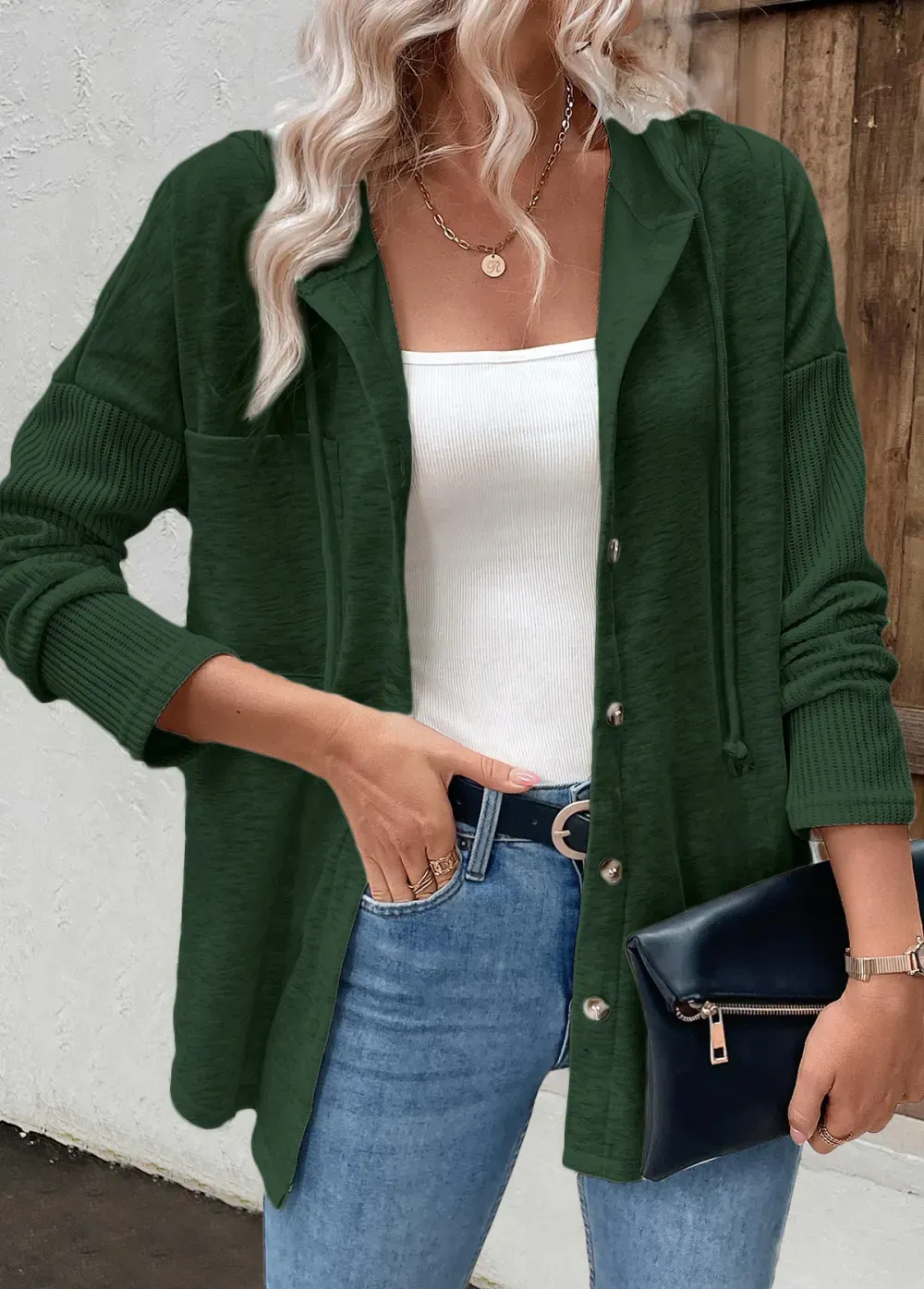 Green Patchwork Long Sleeve Hoodie