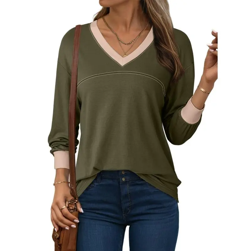 Women Blouses Dressy Casual Long Sleeve Shirts V Neck Color Block Tops Fall Outfits 2025