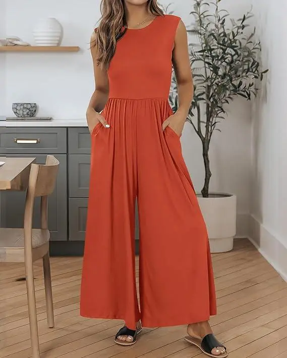 Women's Sleeveless Knit Jumpsuit – Wide Leg One-Piece Summer Outfit