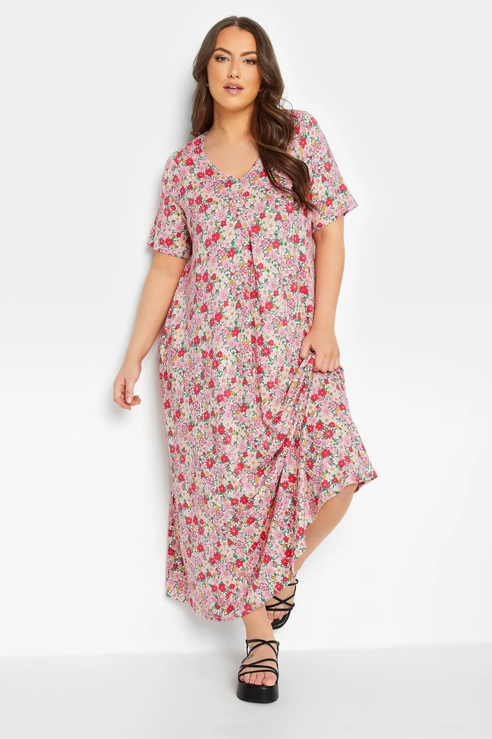 YOURS Curve Pink Floral Pleat Front Maxi Dress