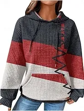 Women's Pullover Hoodie Sweatshirt Geometric Striped Casual Long Sleeve Hooded Regular Tops Street Dailywear Pocket Print White Wine Red Blue Fall Winter