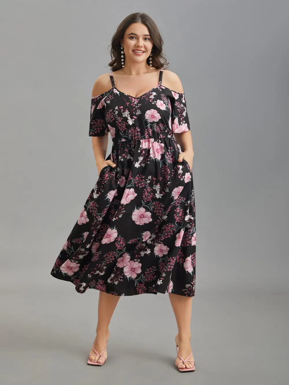 Floral Print Cold-Shoulder Pockets Midi Dress