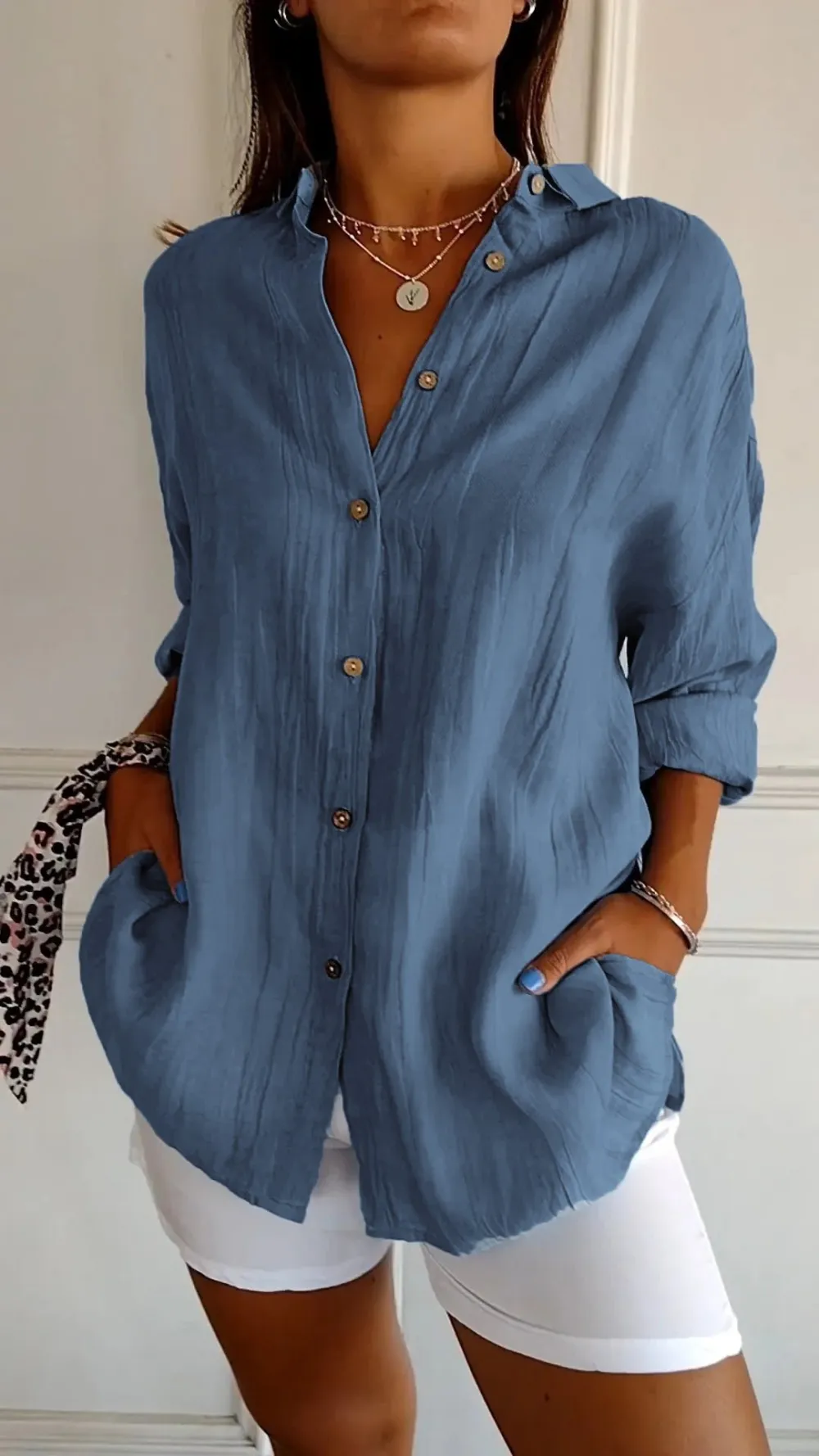 ✨Women's Casual Single-Breasted Pleated Lapel Shirt