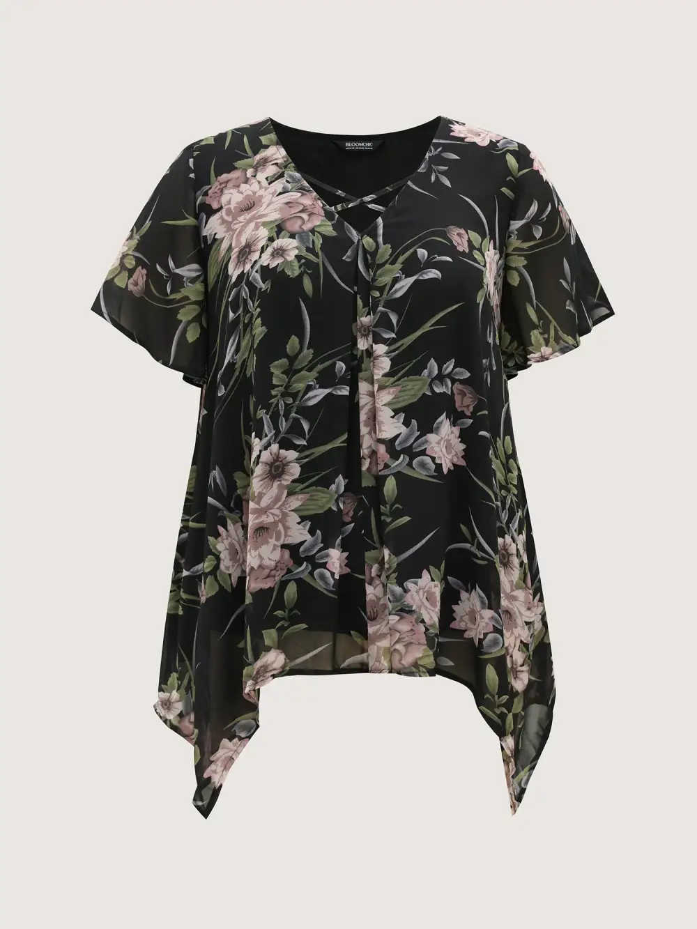 Chiffon Floral Crisscross Hanky Hem Blouse
