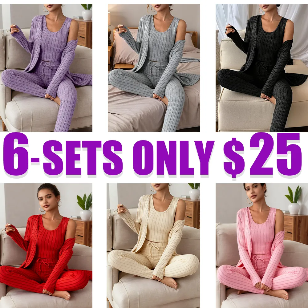 Women’s Ribbed Loungewear Set – 3-Piece Casual Sleepwear