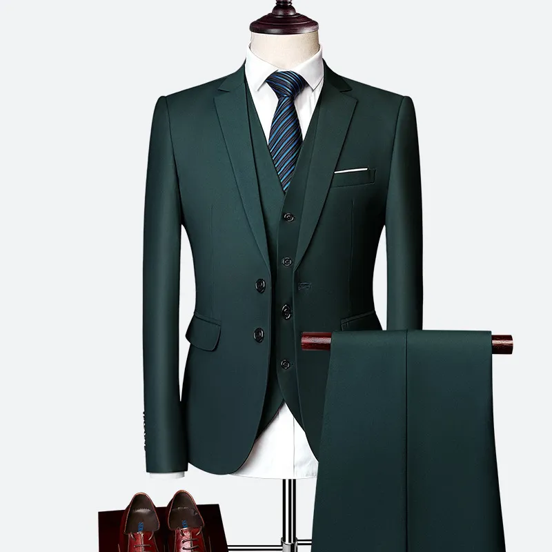 Men's Business Solid Single Breasted Pocket Lapel Collar Lapel Blazer & Vest & Pants 3Pcs Set