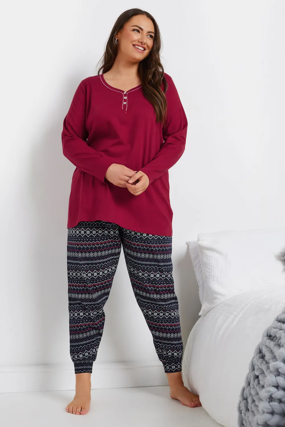 YOURS Curve Red Long Sleeve Placket Pyjama Top