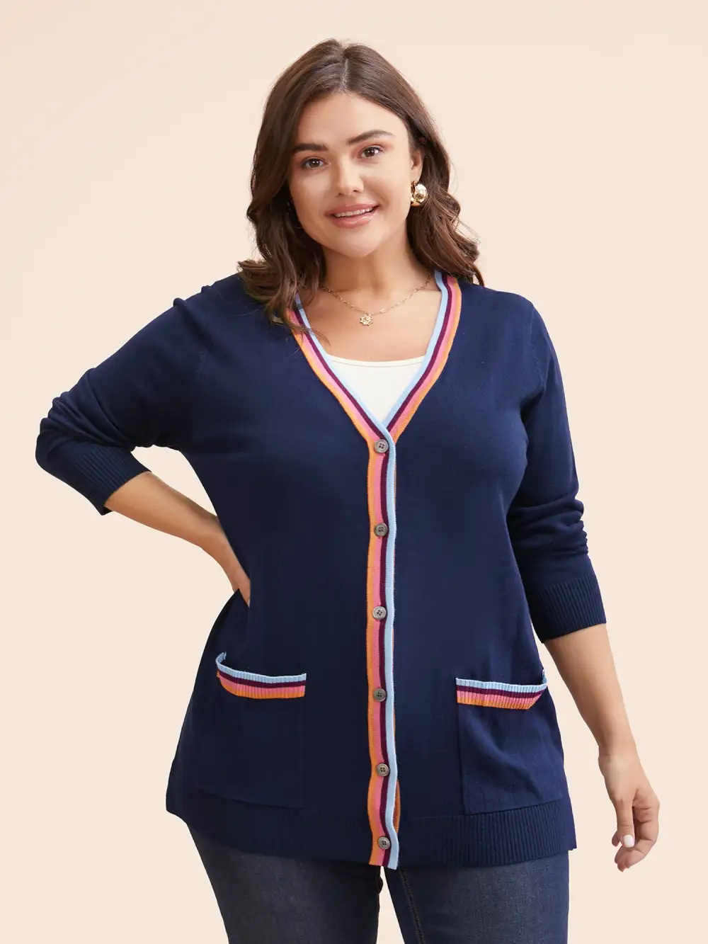 Contrast Striped Trim Patch Pocket Cardigan
