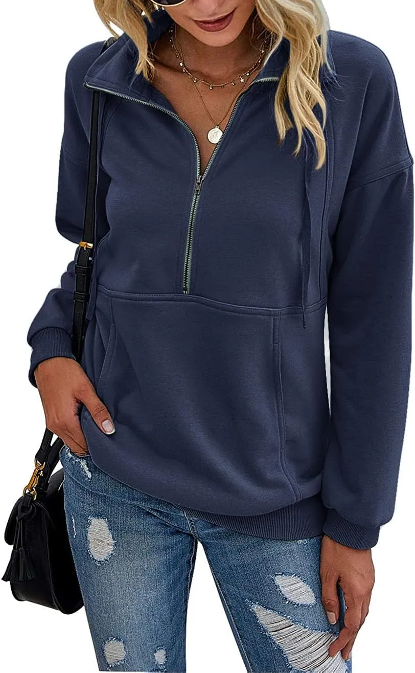 Women's Casual Long Sleeve Lapel Zipper Sweatshirt Drawstring Loose Pullover Tops