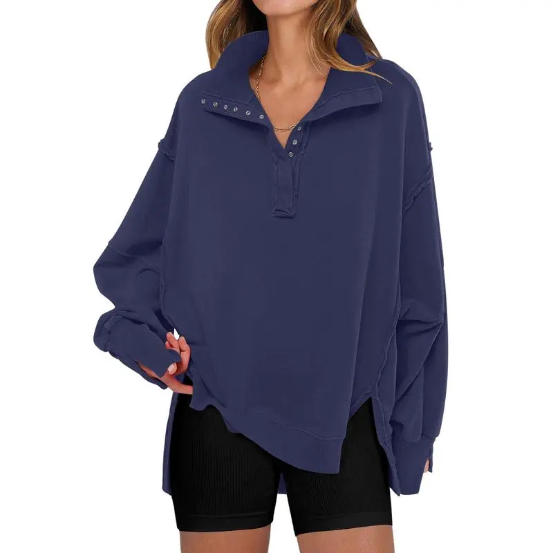 Women's Sweatshirts Oversized Casual Loose Button Up Henley Pullover Top High Low Split Fall Fashion Outfits
