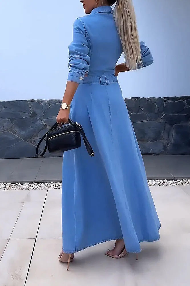 V-neck denim hollow waist design dress