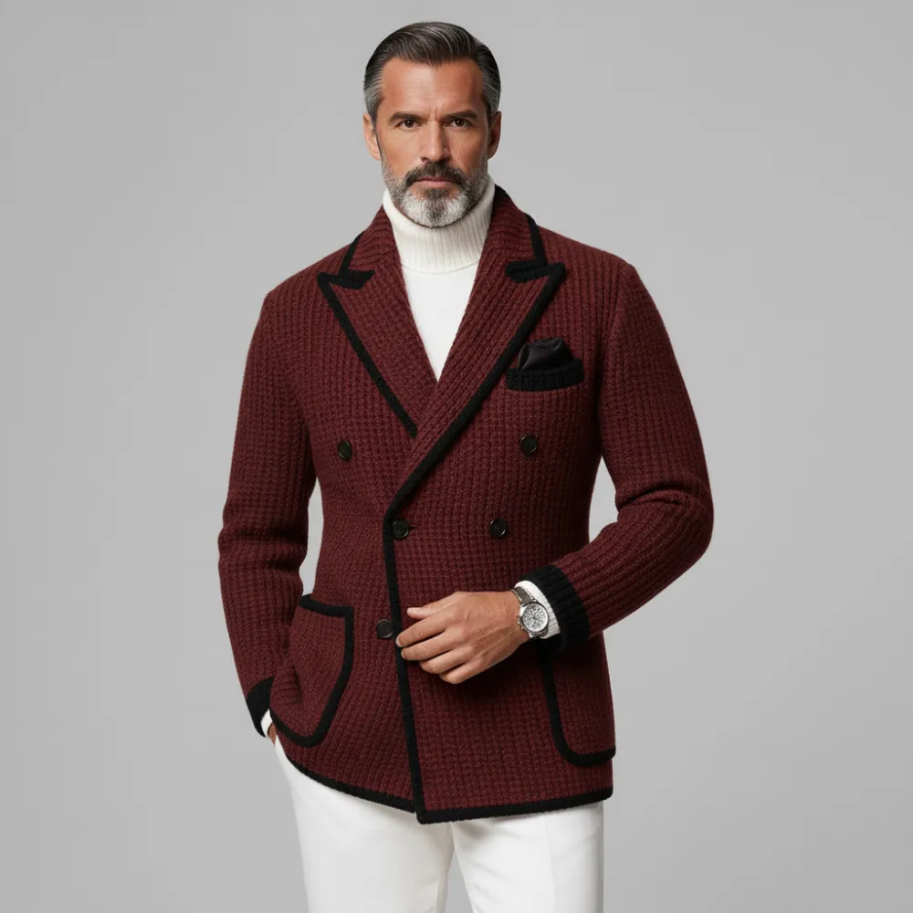 Men's Burgundy Knitted Peak Lapel Double Breasted Long Sleeve Pocket Contrast Trim Blazer