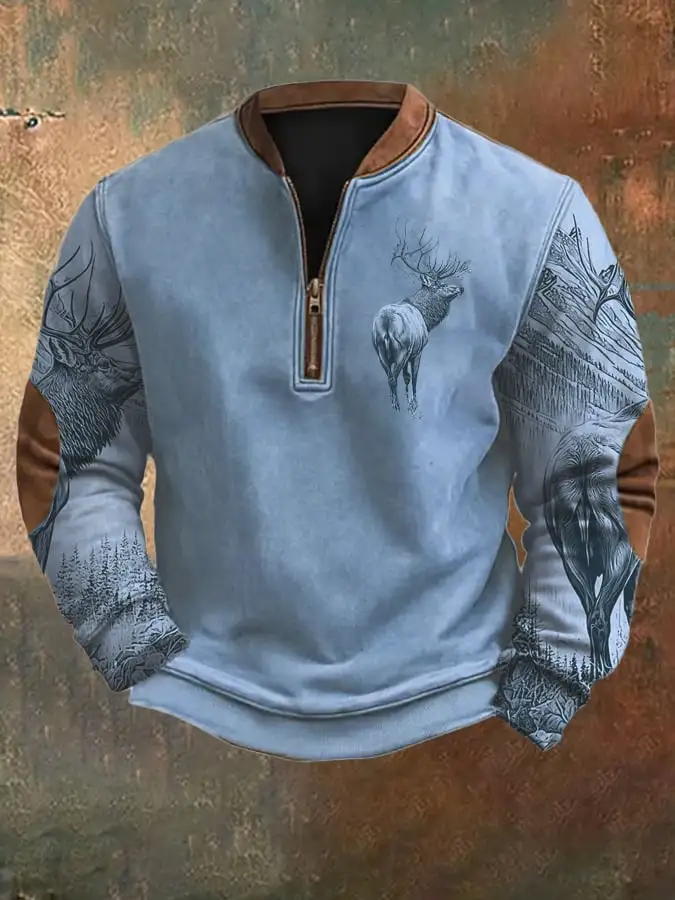 Men's Vintage Western Elk Silhouette Print Zip-Neck Sweatshirt
