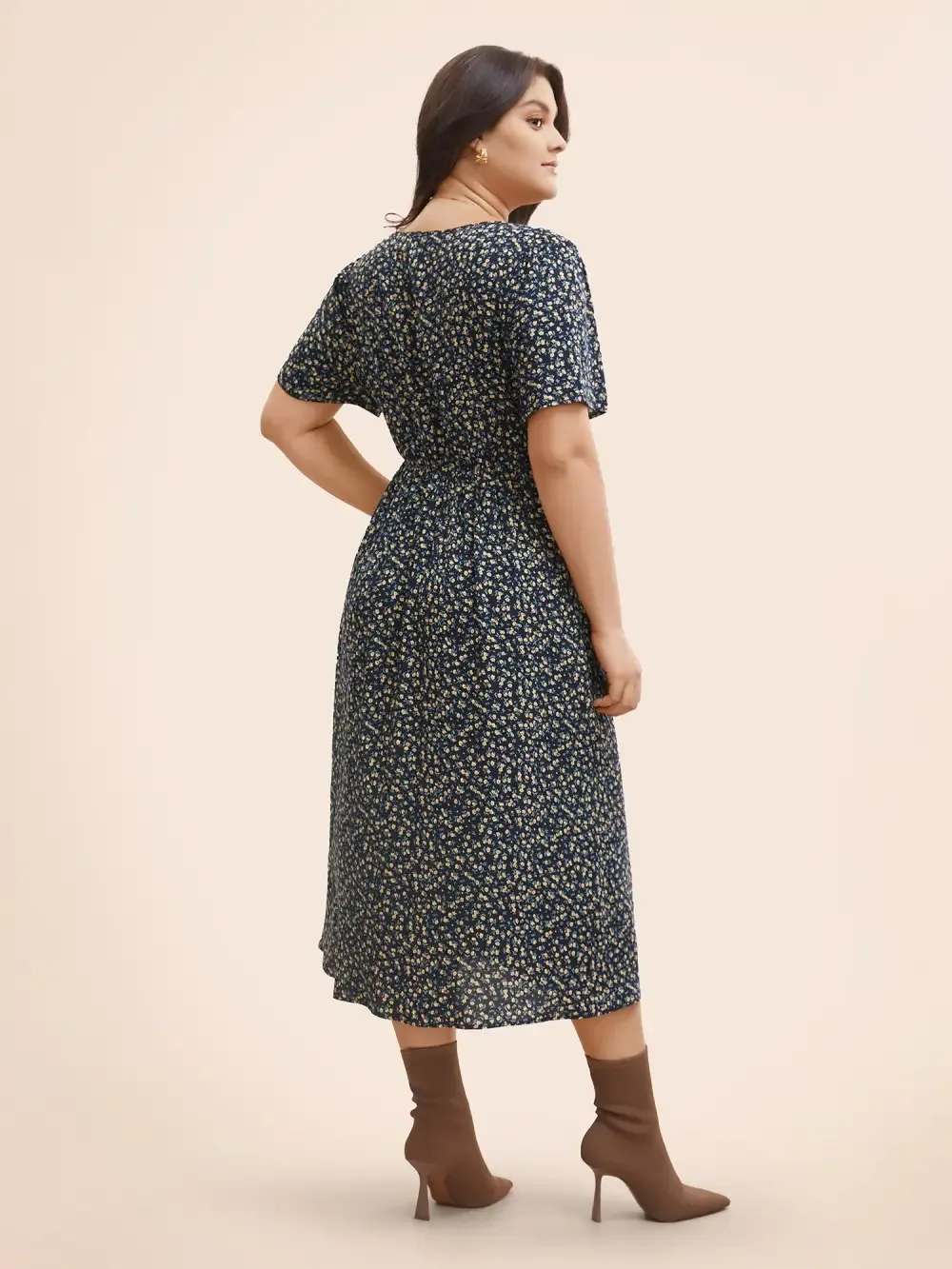 Ditsy Floral Button Detail Elastic Waist Midi Dress