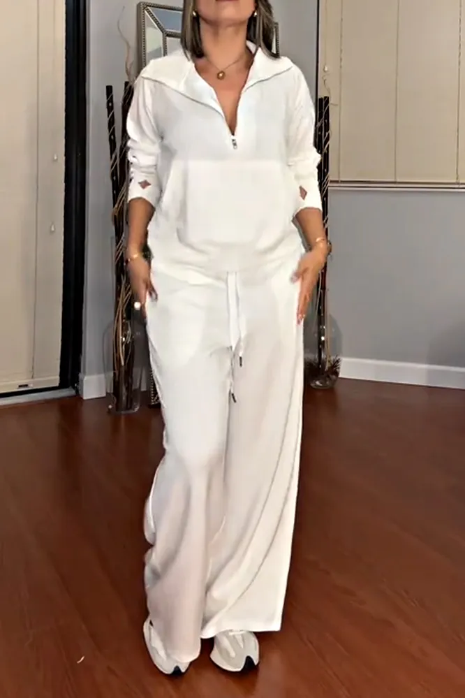 Women's solid color zipper V-neck top and pants two-piece set
