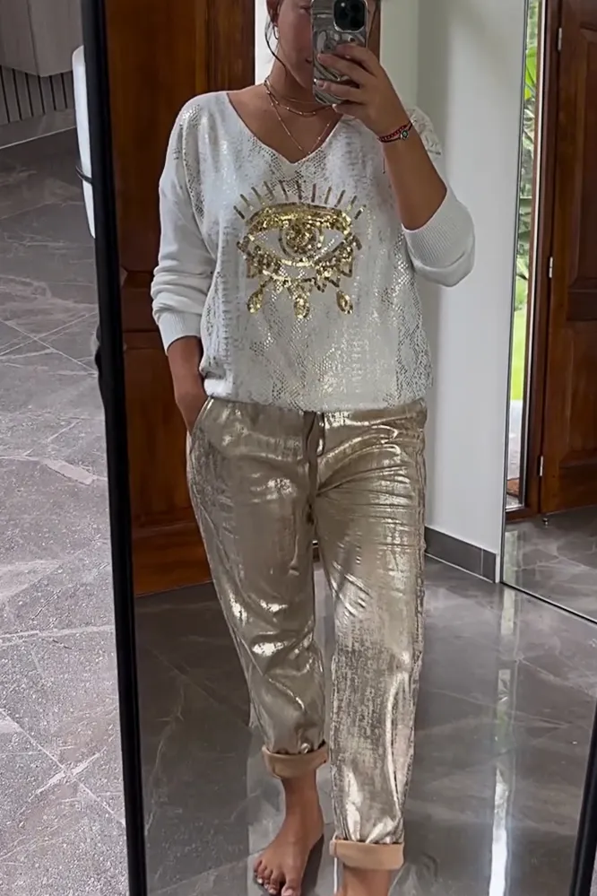 Women's fashionable sequin embroidered eye top & bronzing trousers two-piece set
