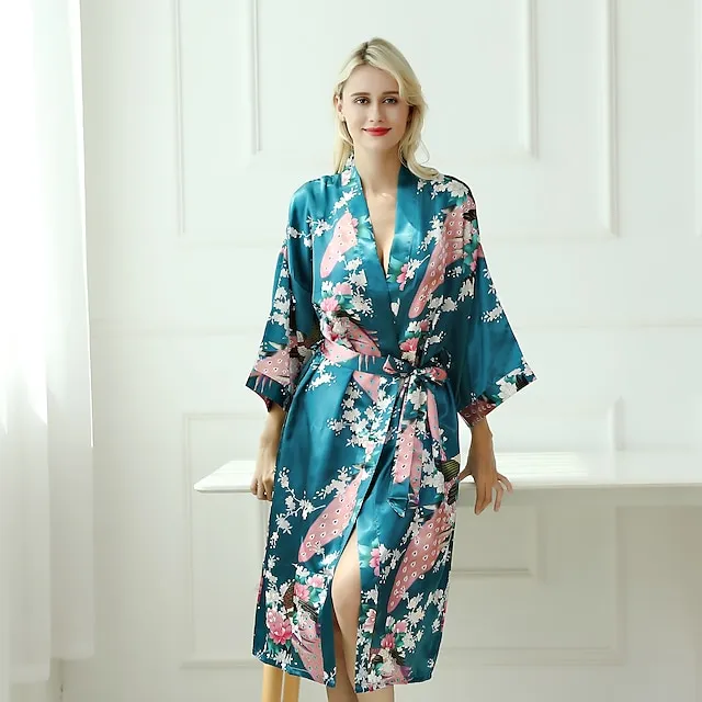 Women's Robes Gown Bathrobes Pure Color Simple Comfort Home Party Wedding Party Spandex Gift Long Sleeve Belt Included Spring Summer Navy Blue