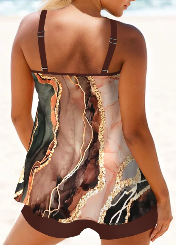 Circular Ring Marble Print Dark Coffee Tankini Set