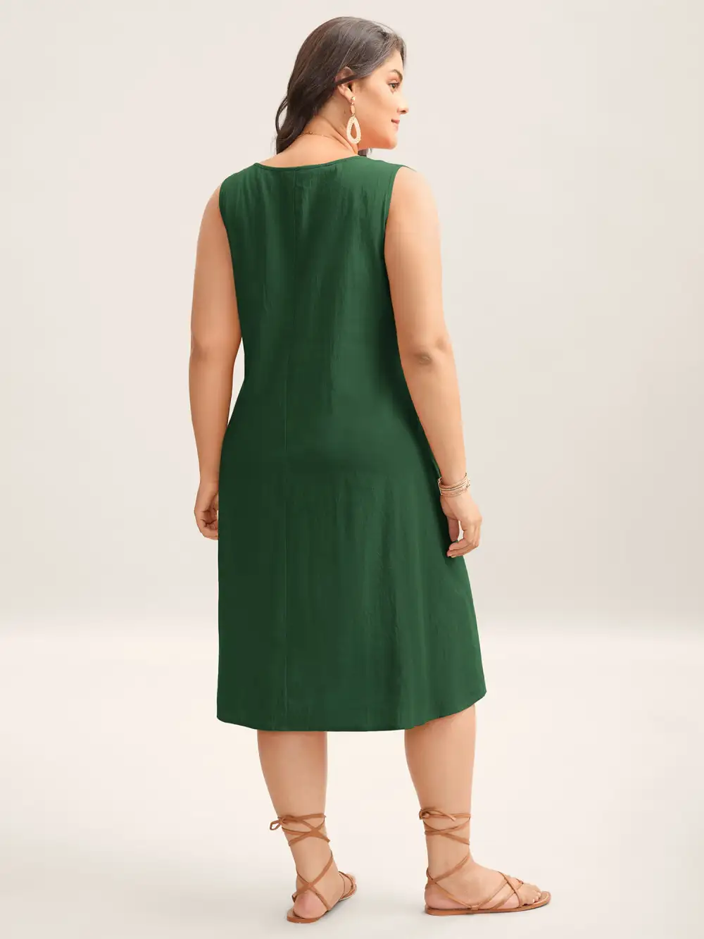 Cotton Toothpick Pleat Plain Midi Dress