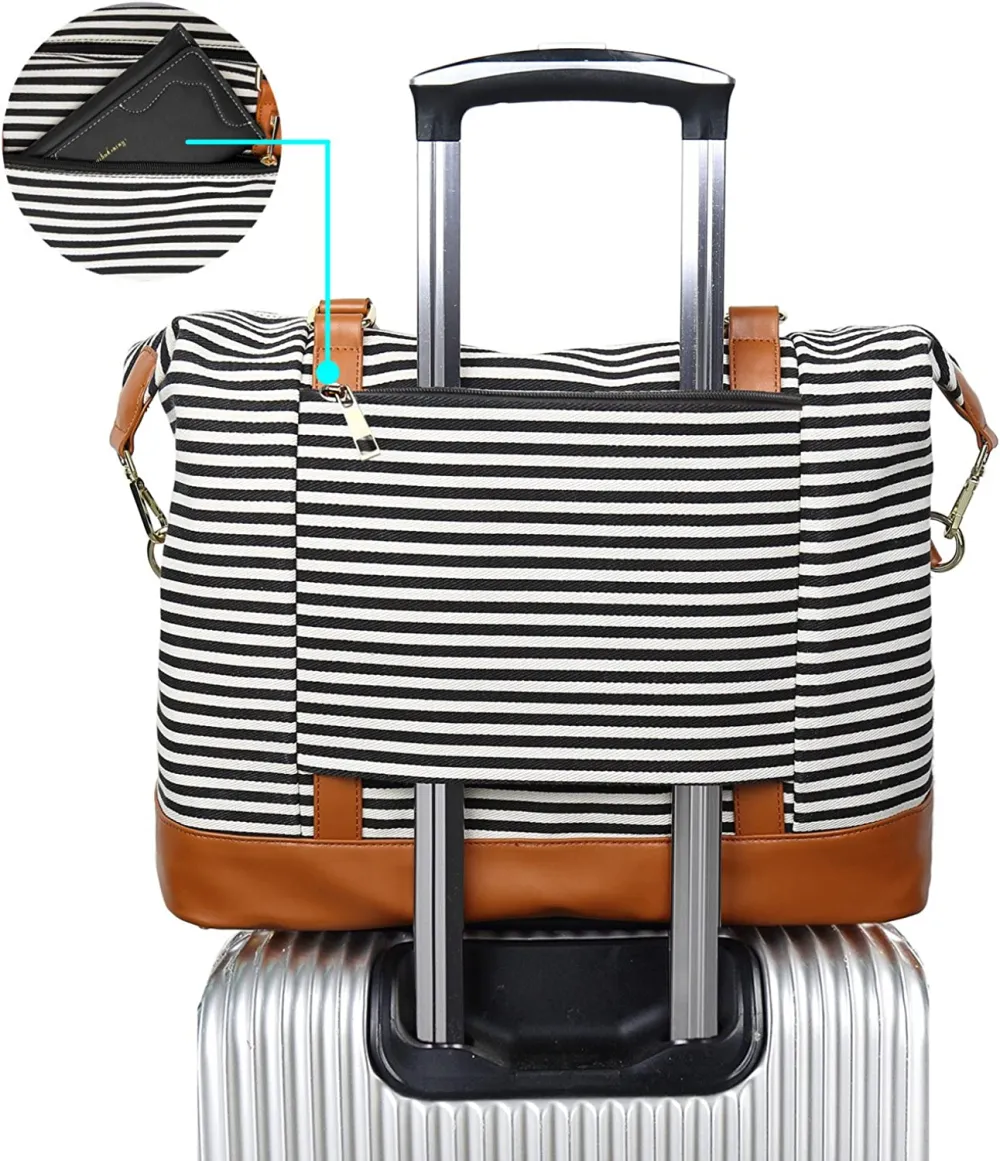 Ladies Canvas Weekender Bag Overnight Carry-on Tote Duffel in Trolley Handle