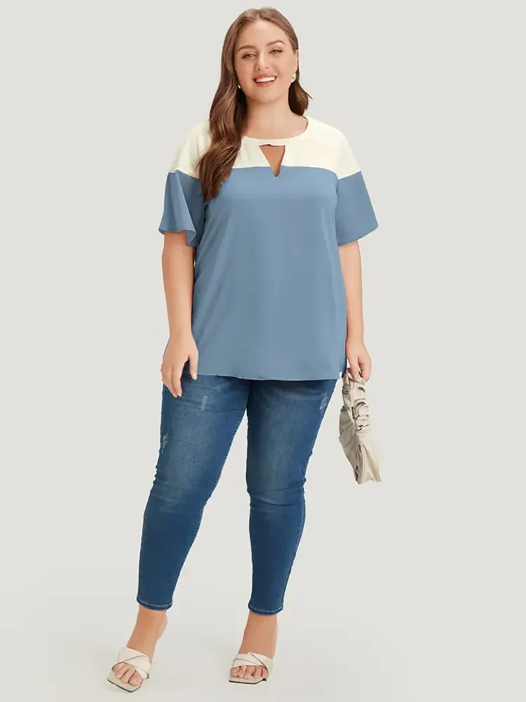 Anti-Wrinkle Two Tone Keyhole Raglan Sleeve Blouse