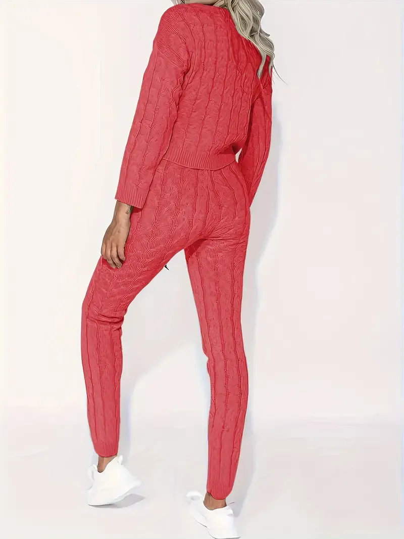 Solid Knitted Matching Two-piece Set, Casual Long Sleeve Sweater & Pants Outfits, Women's Clothing