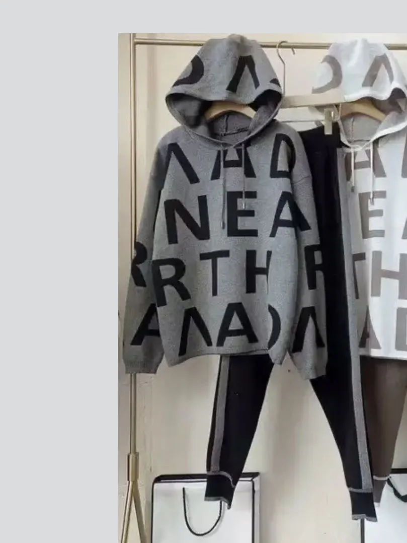 Hooded sports letter knitted two-piece set