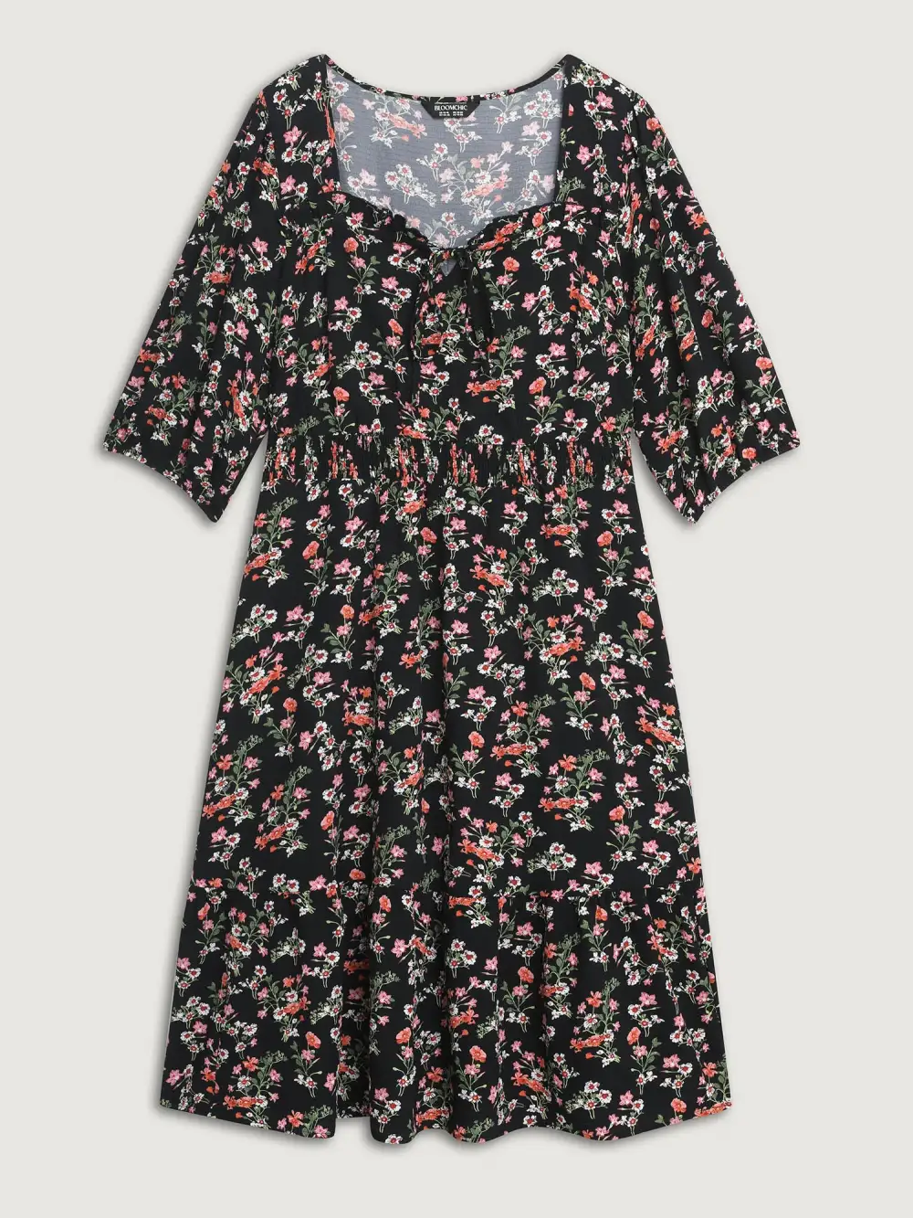 Floral Shirred Waist Neck-Tie Midi Dress