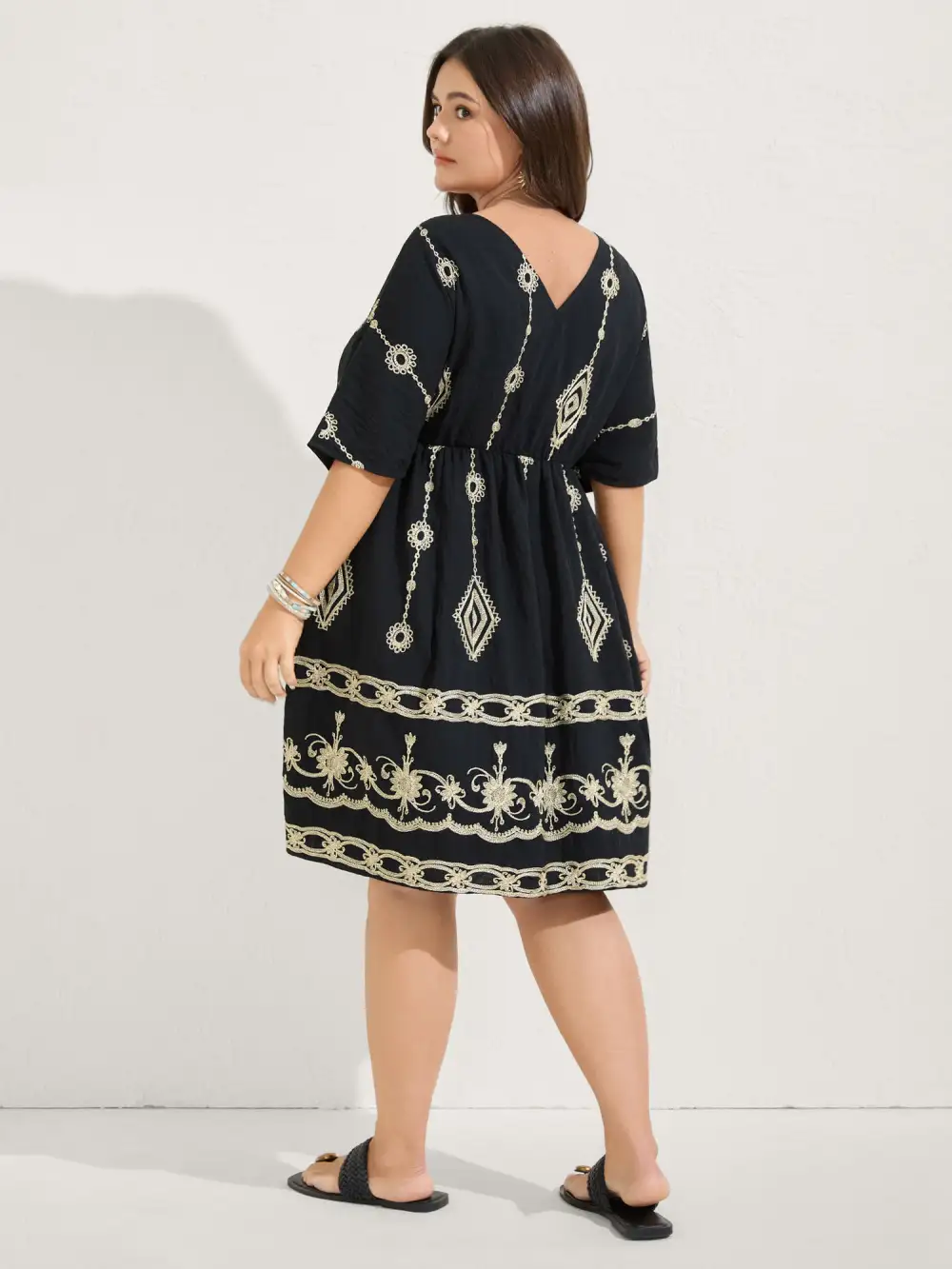 Boho Embroidered Waist Tie Midi Dress
