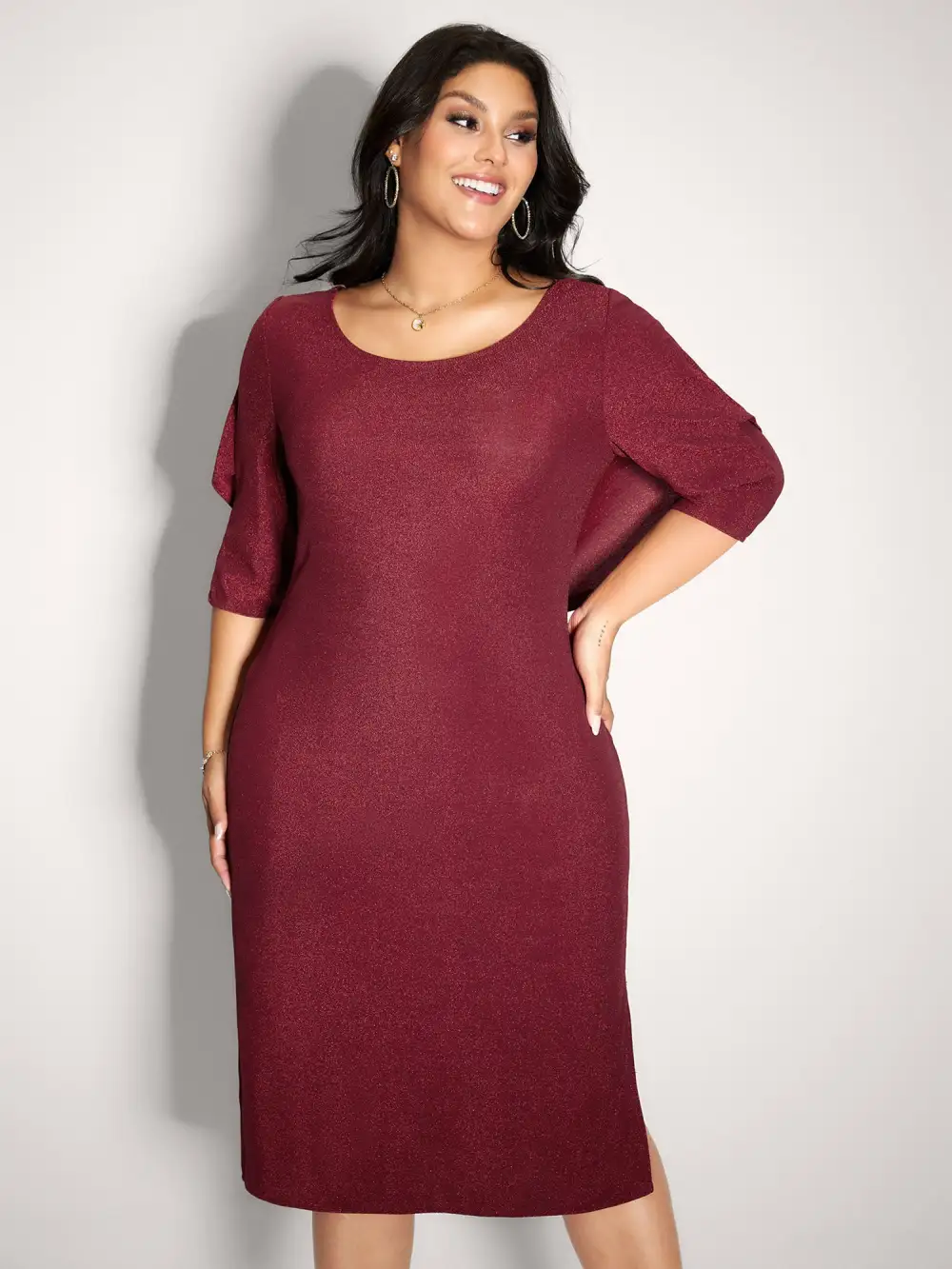 Lurex Drape Back Lace Trim Midi Dress