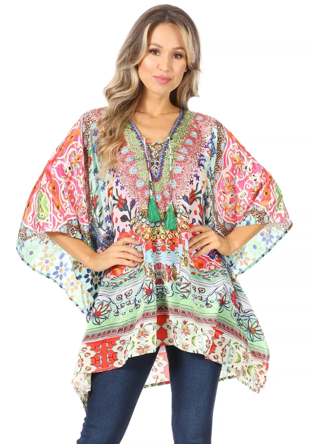 Women's Caftan Poncho Cover up V neck Top Lace up With Rhinestone
