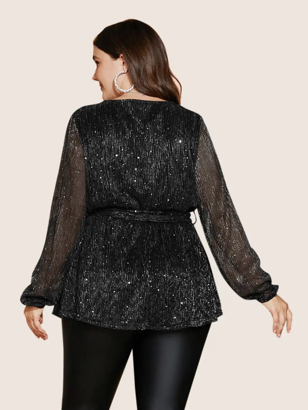 Sequin Mesh Lantern Sleeve Wrap Belted Striped Blouse