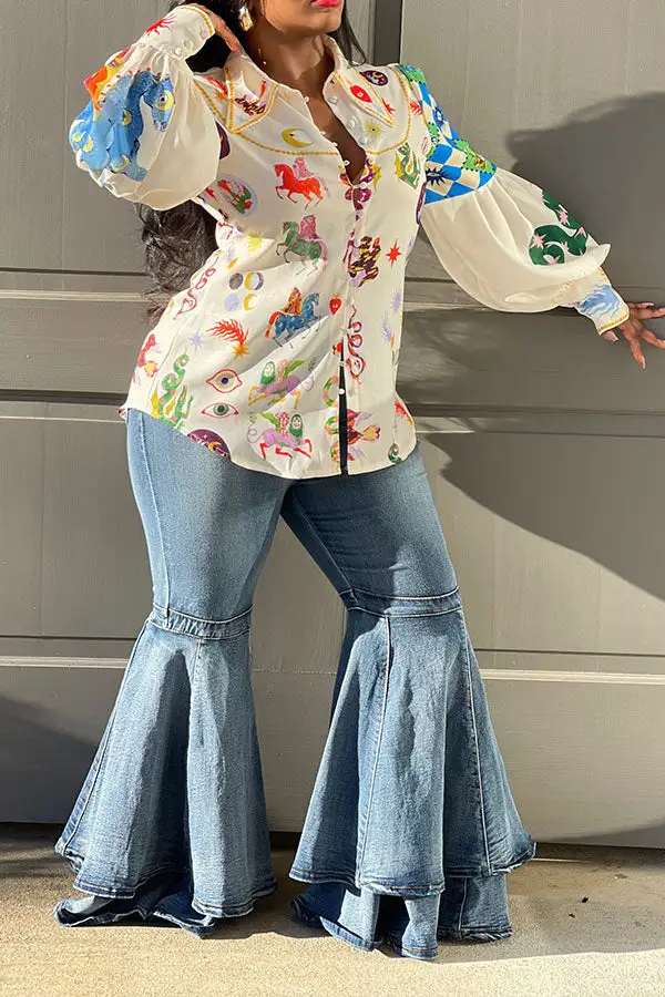 Animal Graffiti Print Retro Puff Sleeve Blouse